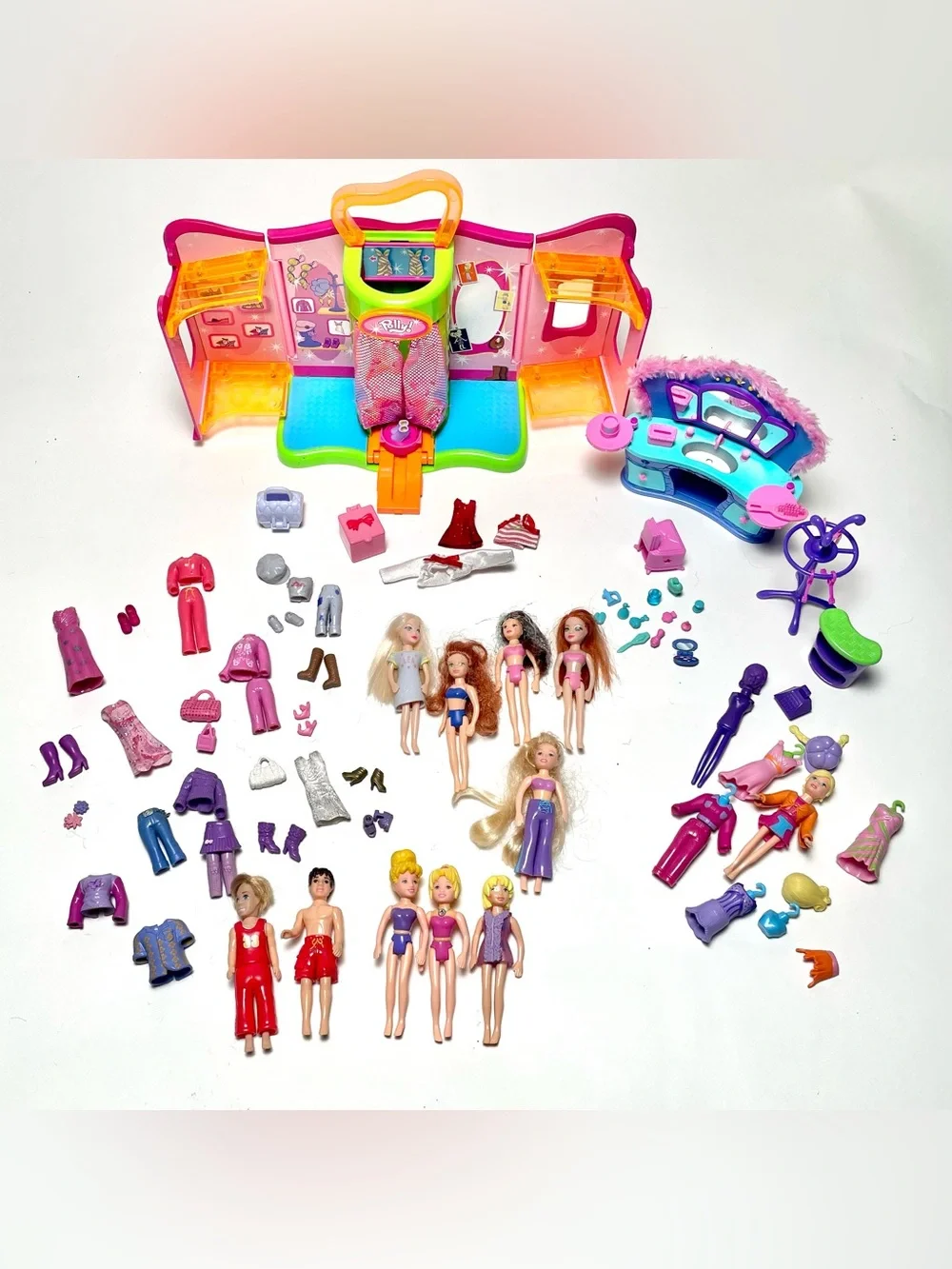 Vtg Early 2000’s Polly Pocket Lot-Dolls, Clothes, Dressing Room, Vanity Y2K